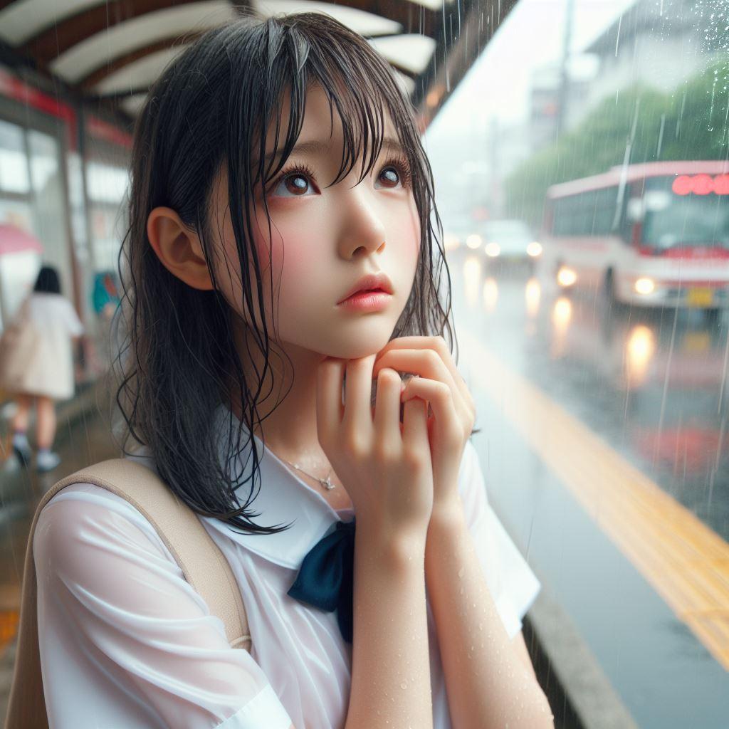 バス停で雨宿り