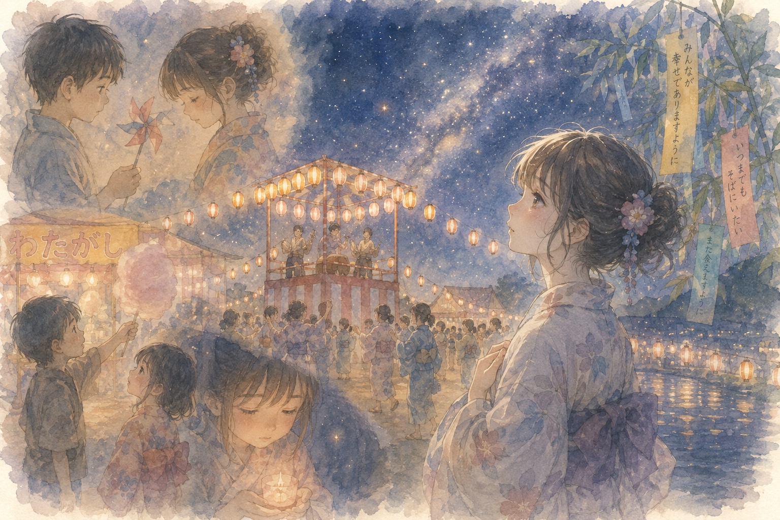 夏祭りの灯りと風車