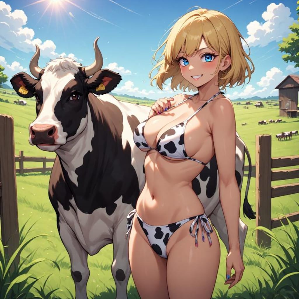 金髪ギャル　牛ビキニ