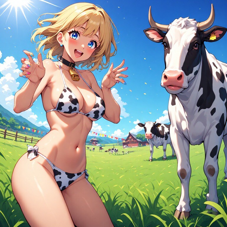 金髪ギャル　牛ビキニ