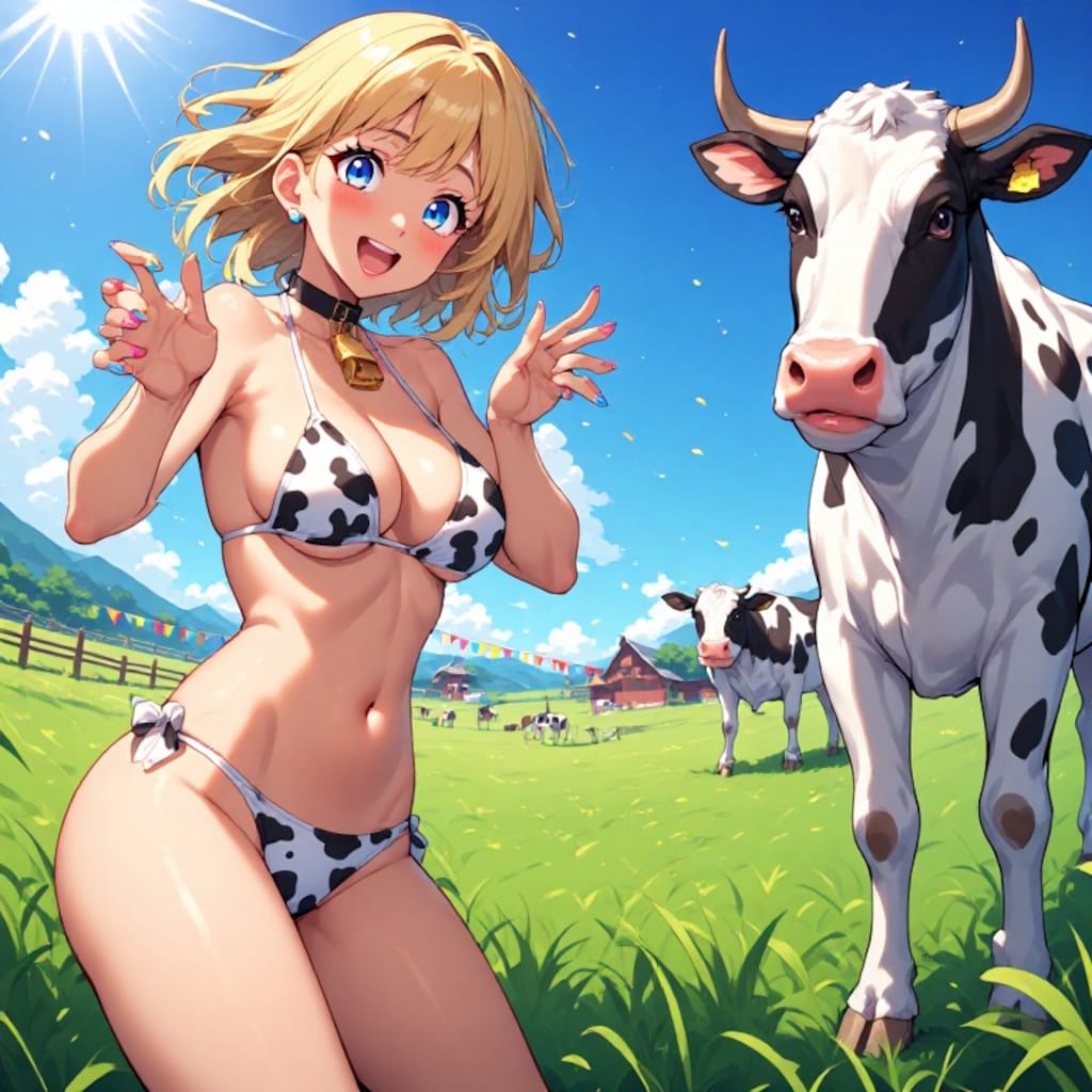 金髪ギャル　牛ビキニ