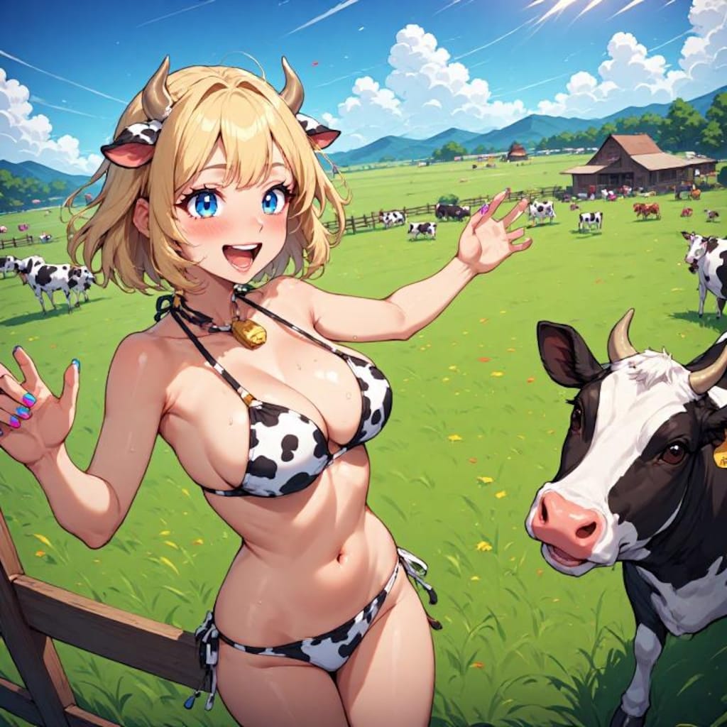 金髪ギャル　牛ビキニ
