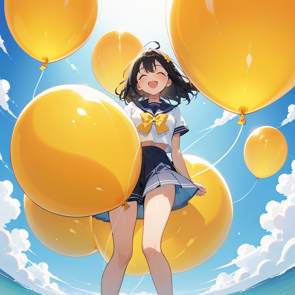 黄色い巨大風船を笑顔で膨らませる女子高生 | の人気AIイラスト・グラビア