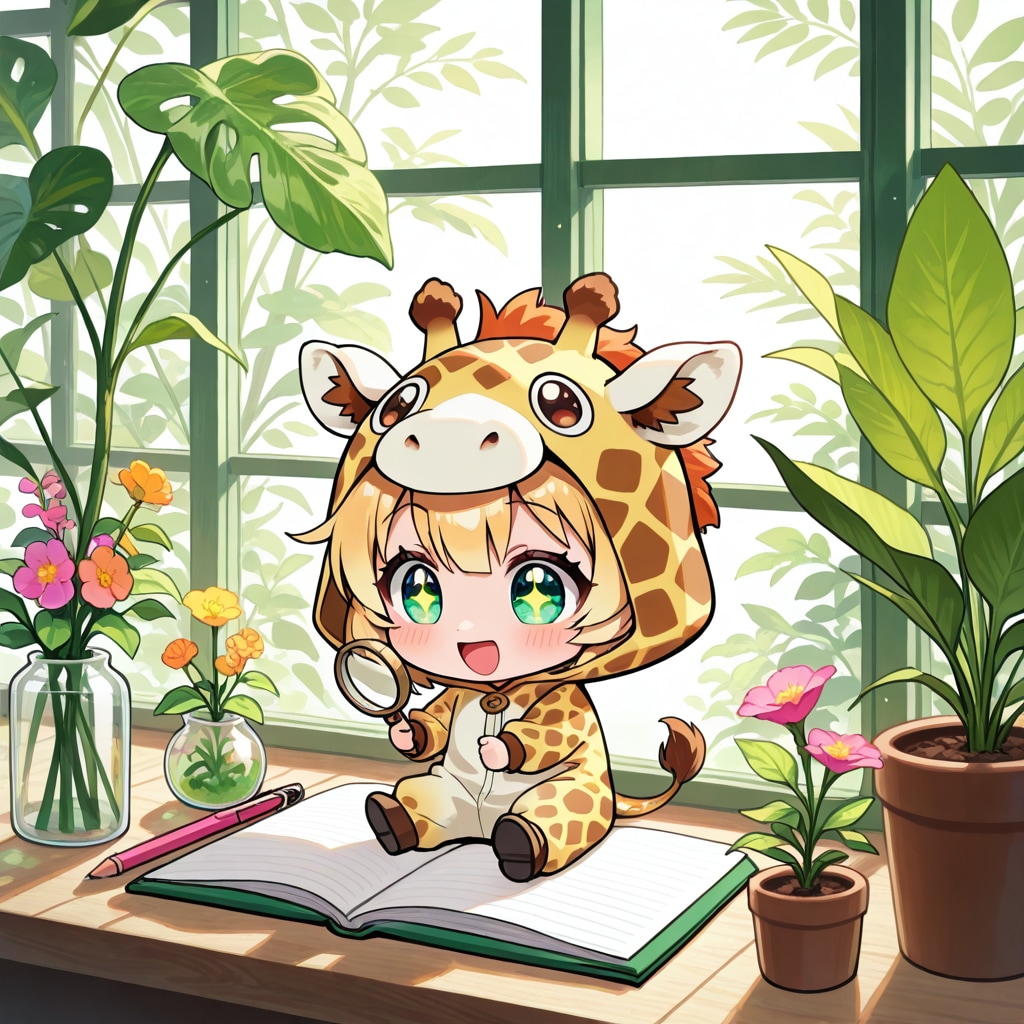 ４月２４日植物学の日を紹介するキリン着ぐるみちび子ちゃん