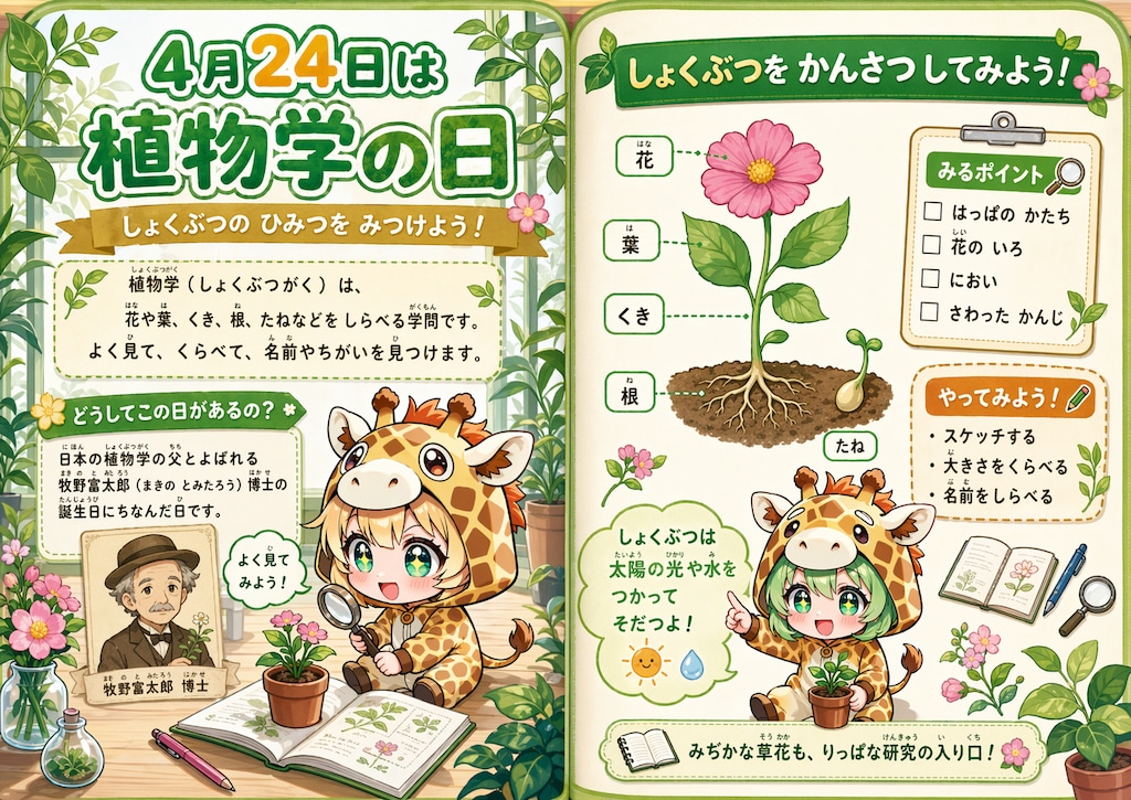 ４月２４日植物学の日を紹介するキリン着ぐるみちび子ちゃん