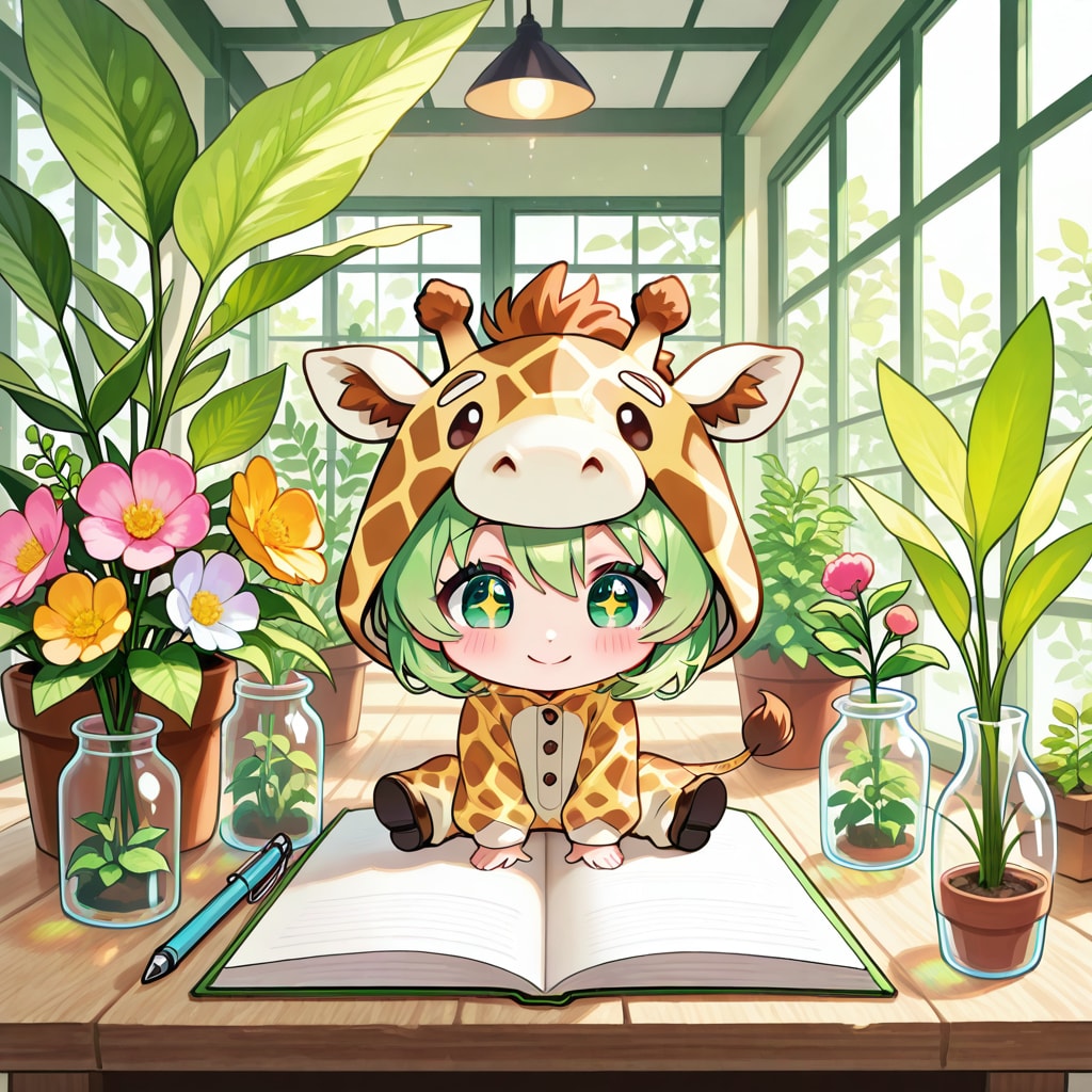 ４月２４日植物学の日を紹介するキリン着ぐるみちび子ちゃん