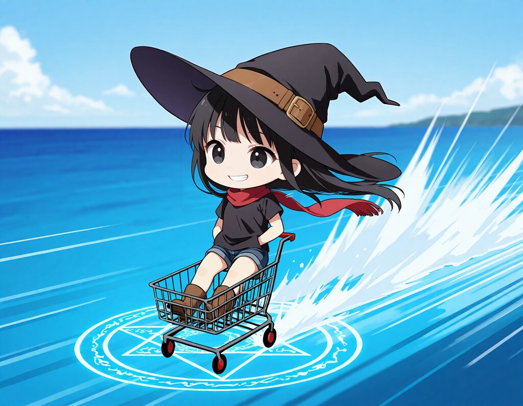 ショッピングカートで海上を駆け巡る魔女さん