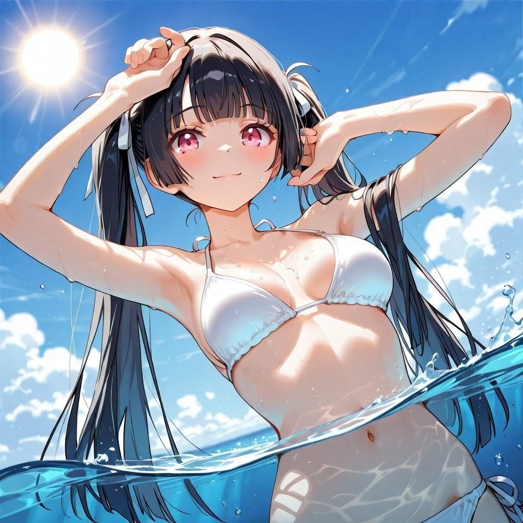 黒髪ツインテ娘と白ビキニ