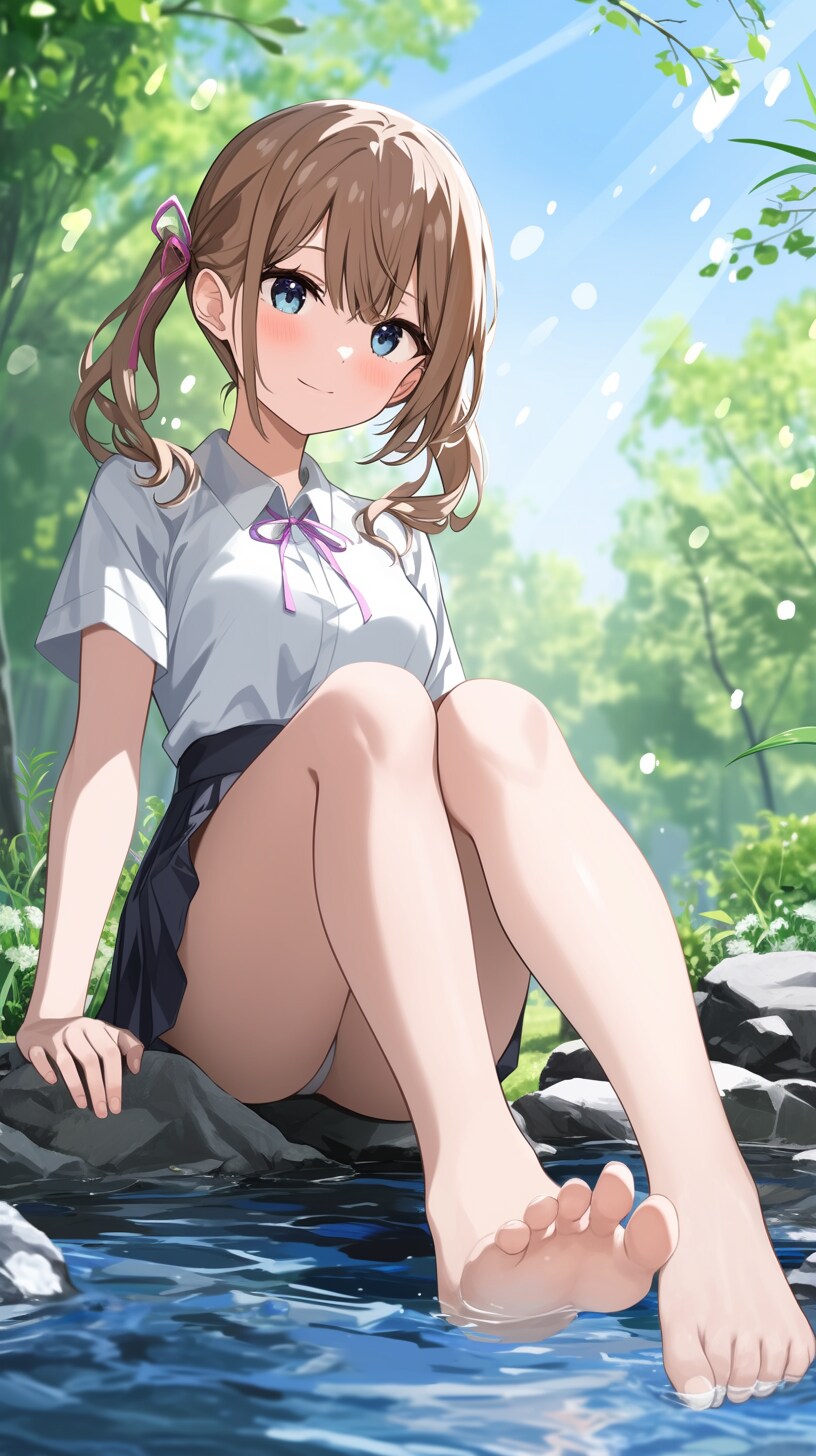 小川のほとりで森林浴