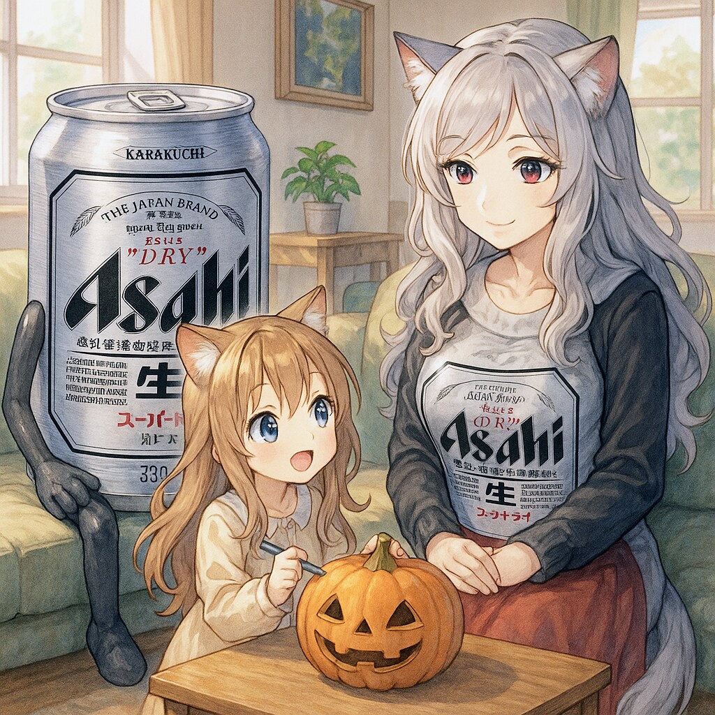ハロウィンのカボチャを作りながらツレの母とお話しする小さな女の子