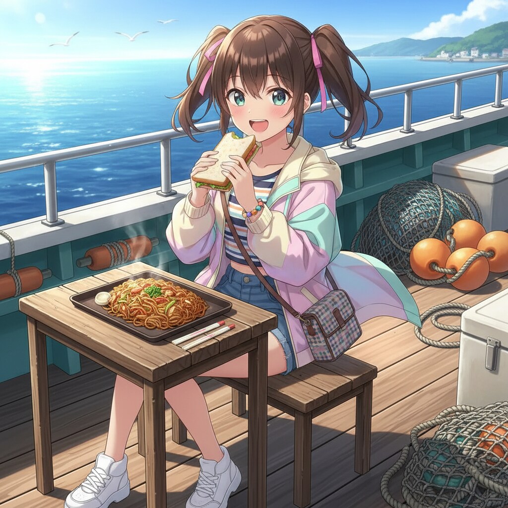 漁船でサンドイッチと焼きそばを食べる