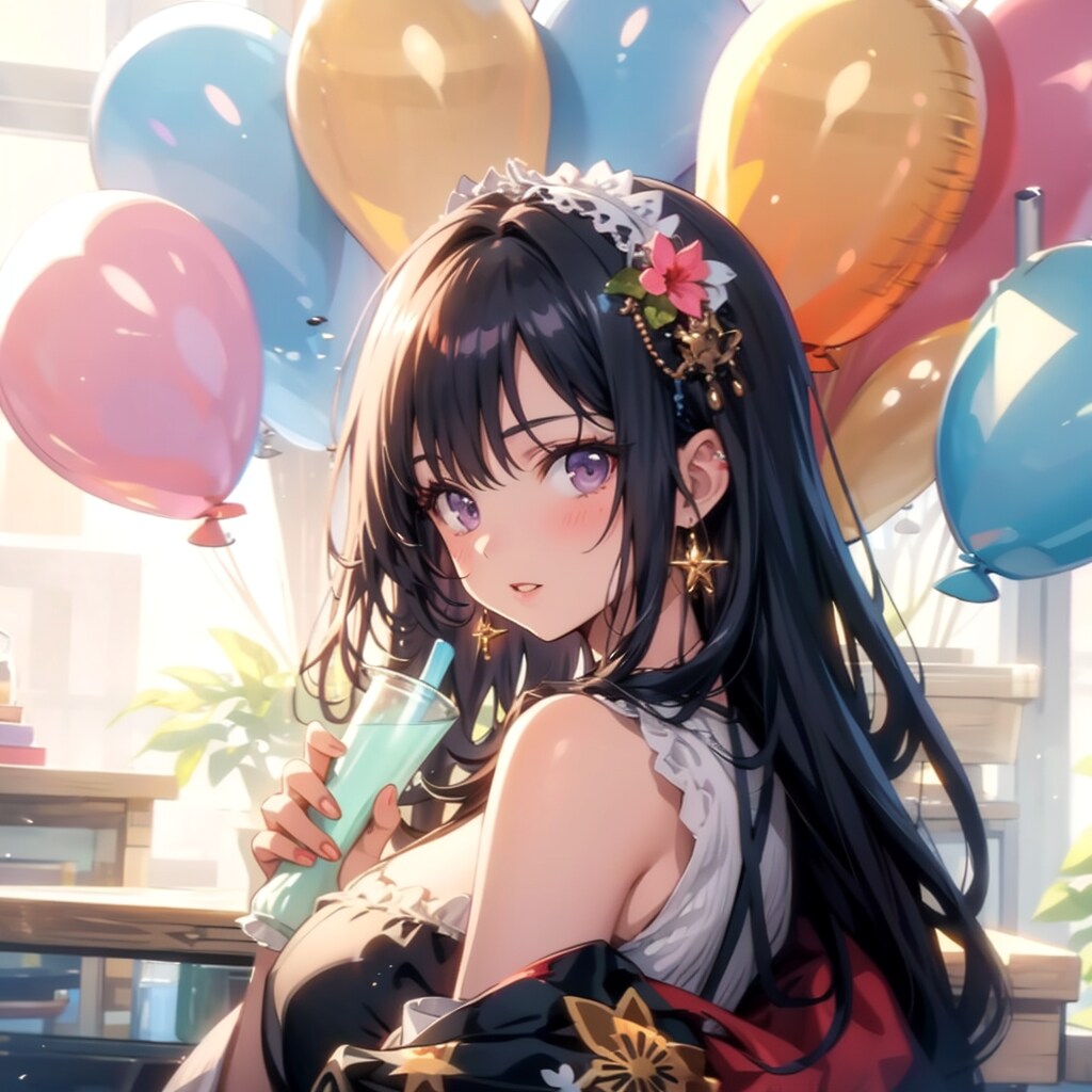 いっぱい色とりどりの風船を持つ紫髪ロングの着物着た美女 | の人気AIイラスト・グラビア
