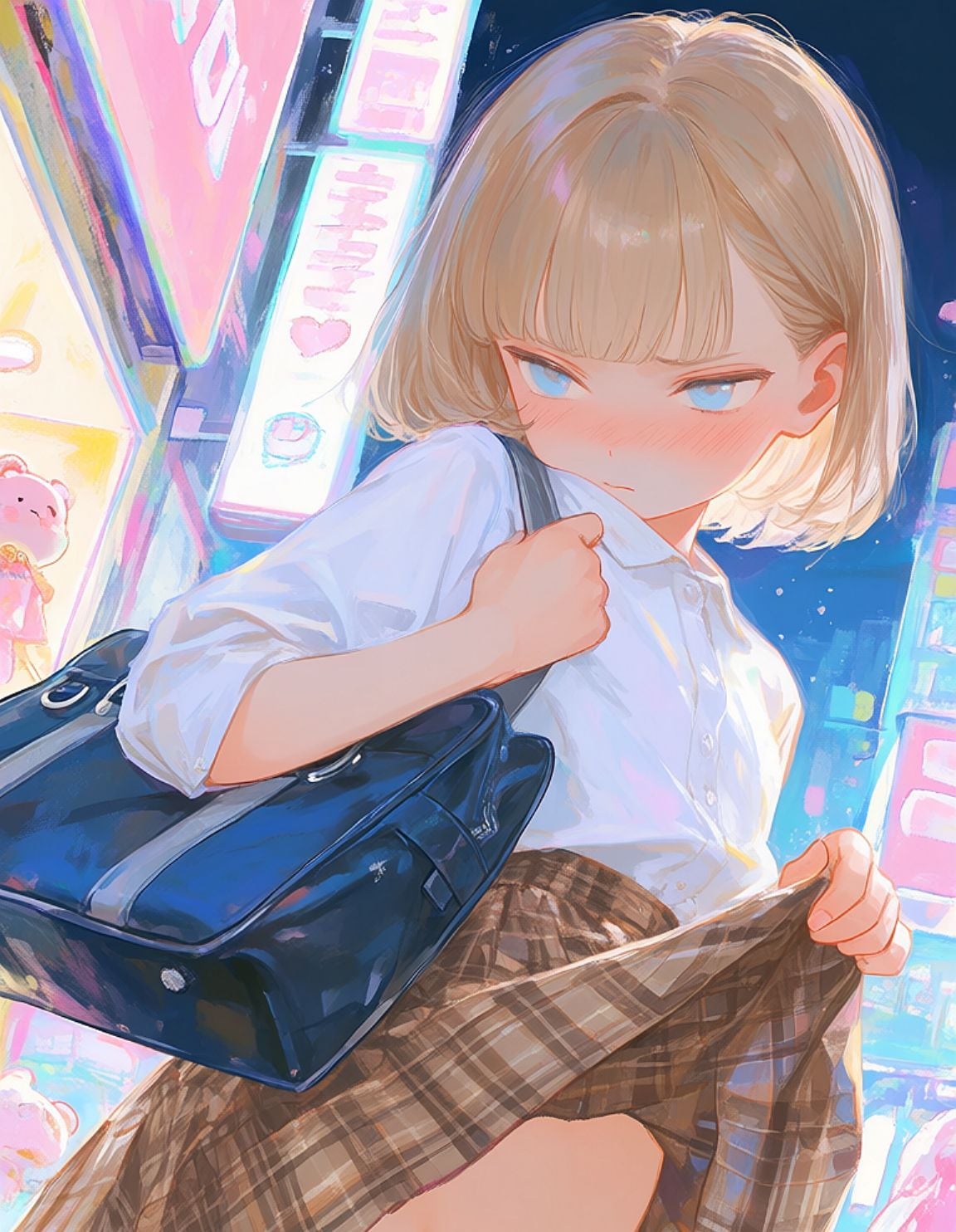 金髪碧眼女子高生、たくし上げ