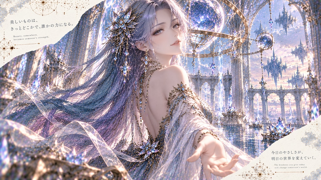Beauty, Somewhere  Set within a sparkling crystal palace floating above the clouds, a radiant maiden