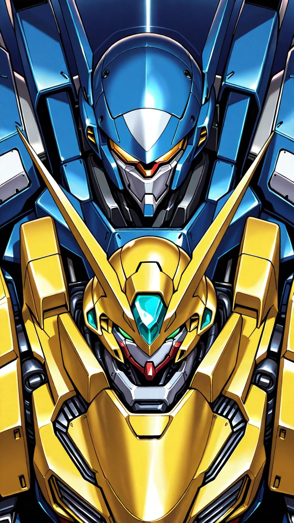 蒼き空を背に　黄金の光まとい 鉄と鋼の巨神　いま、君臨する