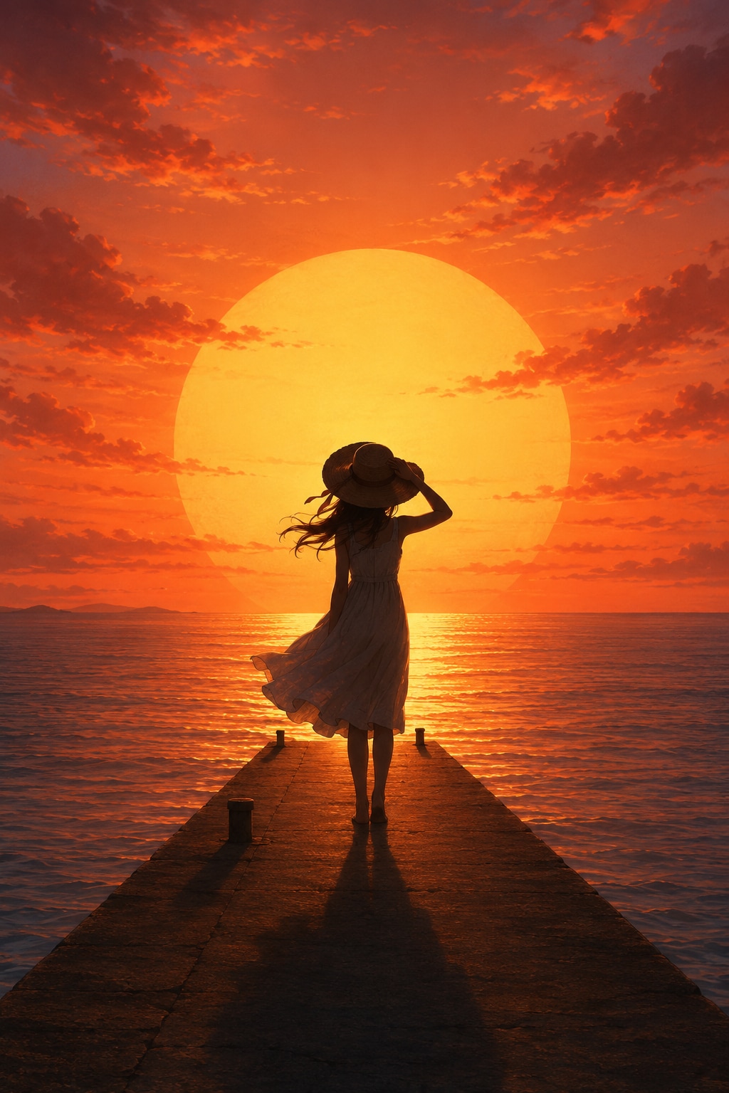 桟橋で夕日を見つめる少女