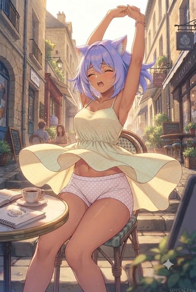 カフェで勉強中のパンチラ日焼けギャルシス