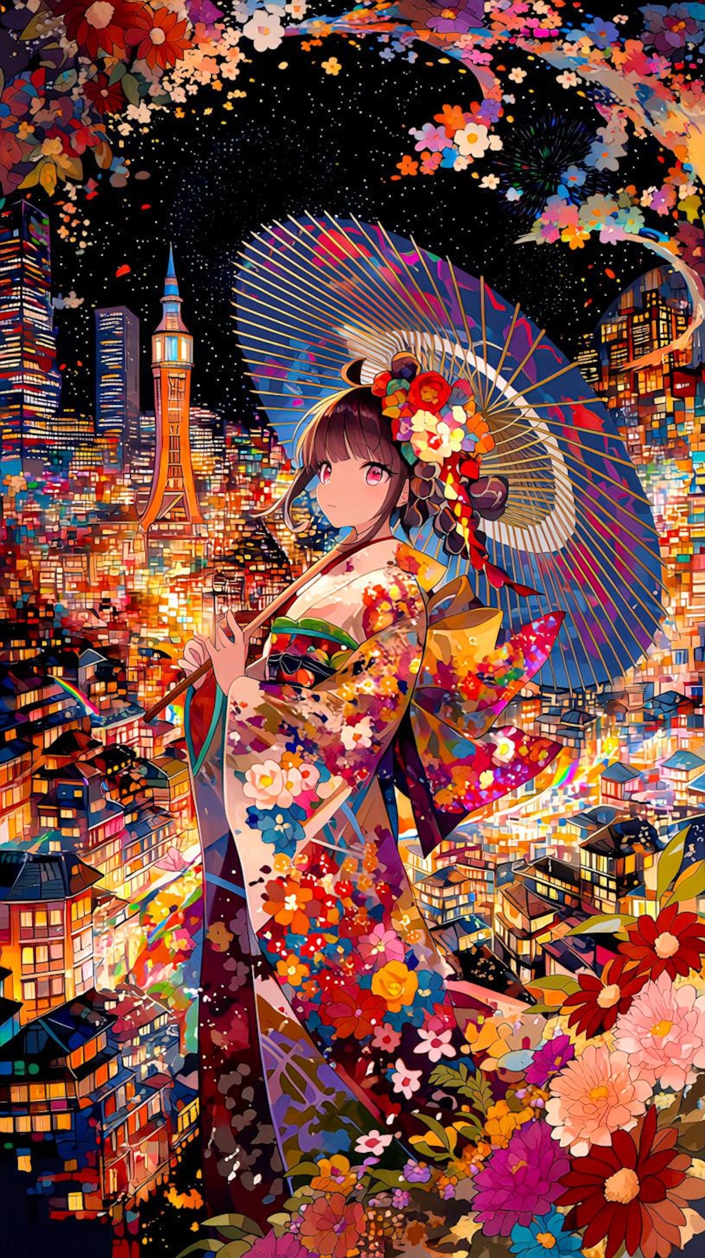 花の海に立つ着物少女