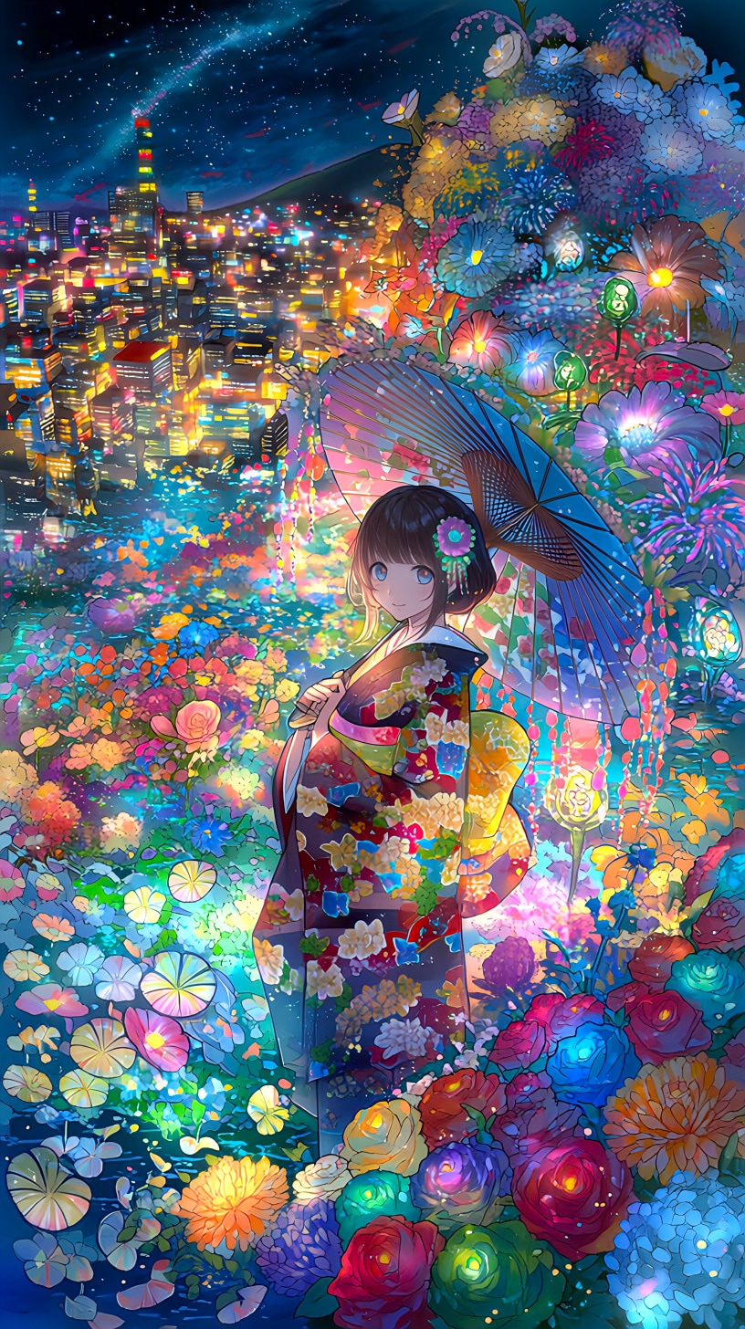 花の海に立つ着物少女