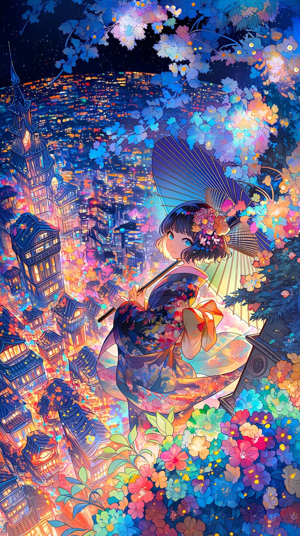花の海に立つ着物少女