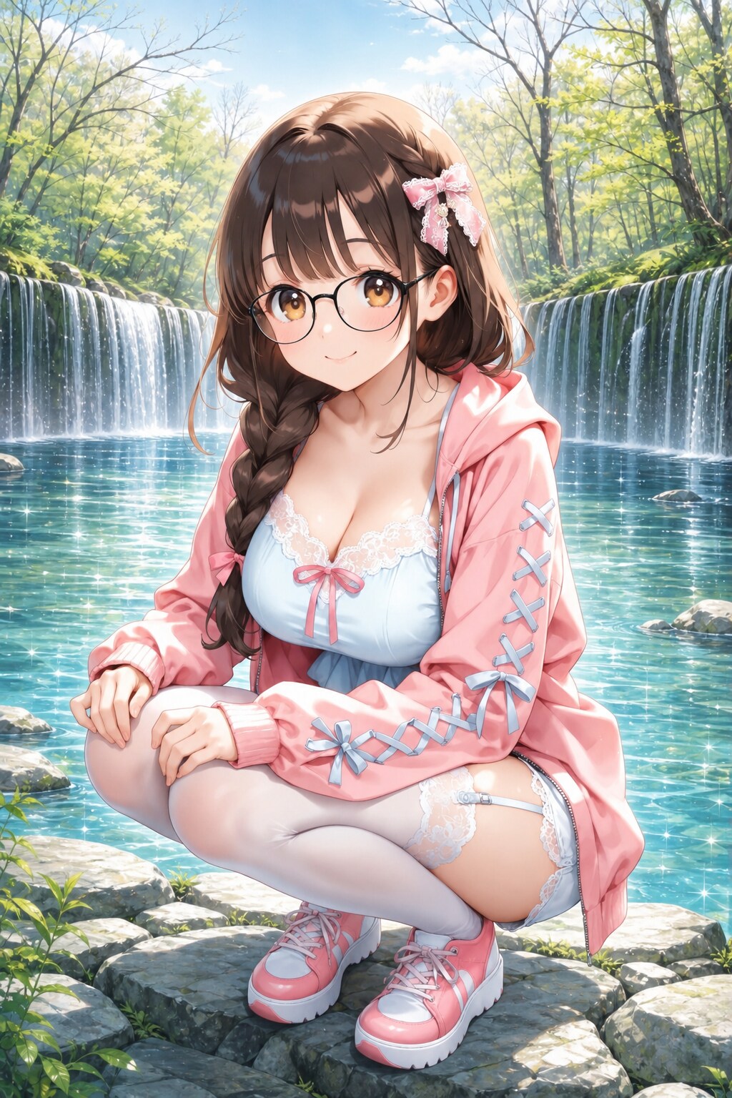 水面輝く中の眼鏡っ娘