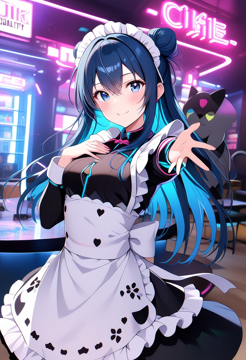 サイバーパンク風喫茶店のウェイトレスさん | の人気AIイラスト・グラビア