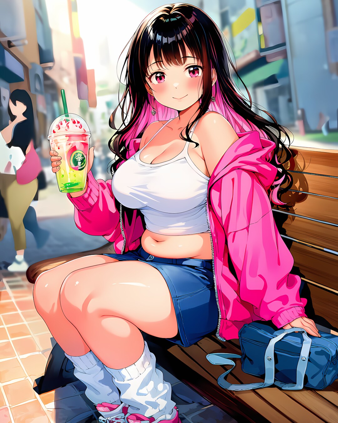 🥤歩き疲れてひと休み✨ピンクパーカーのリナちゃん