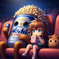 ポップコーンとともに映画を観るビール缶と小さな女の子 2枚目