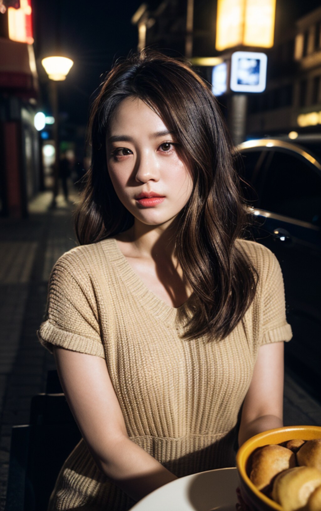 夜、路地、パン