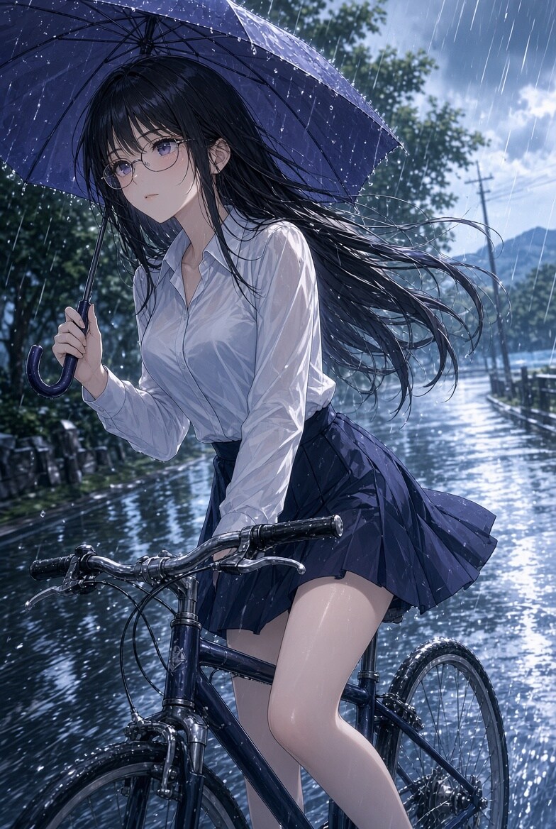 傘をさして自転車走行な黒髪メガネ | の人気AIイラスト・グラビア
