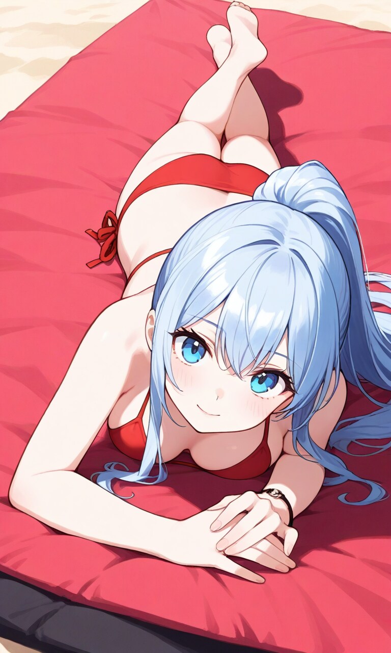 ビーチで寝そべるおユキさん