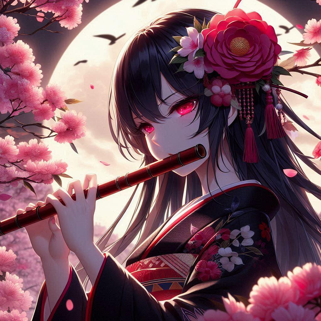 [曲付き]夜桜と笛吹くツバキ | の人気AIイラスト・グラビア