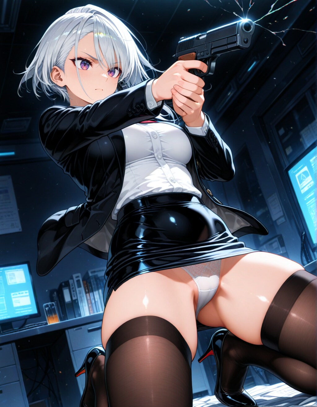 オフィス内銃撃戦のOLさん