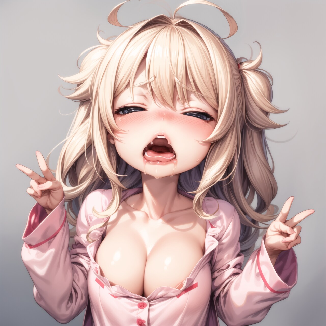 寝起きのダブルピース少女