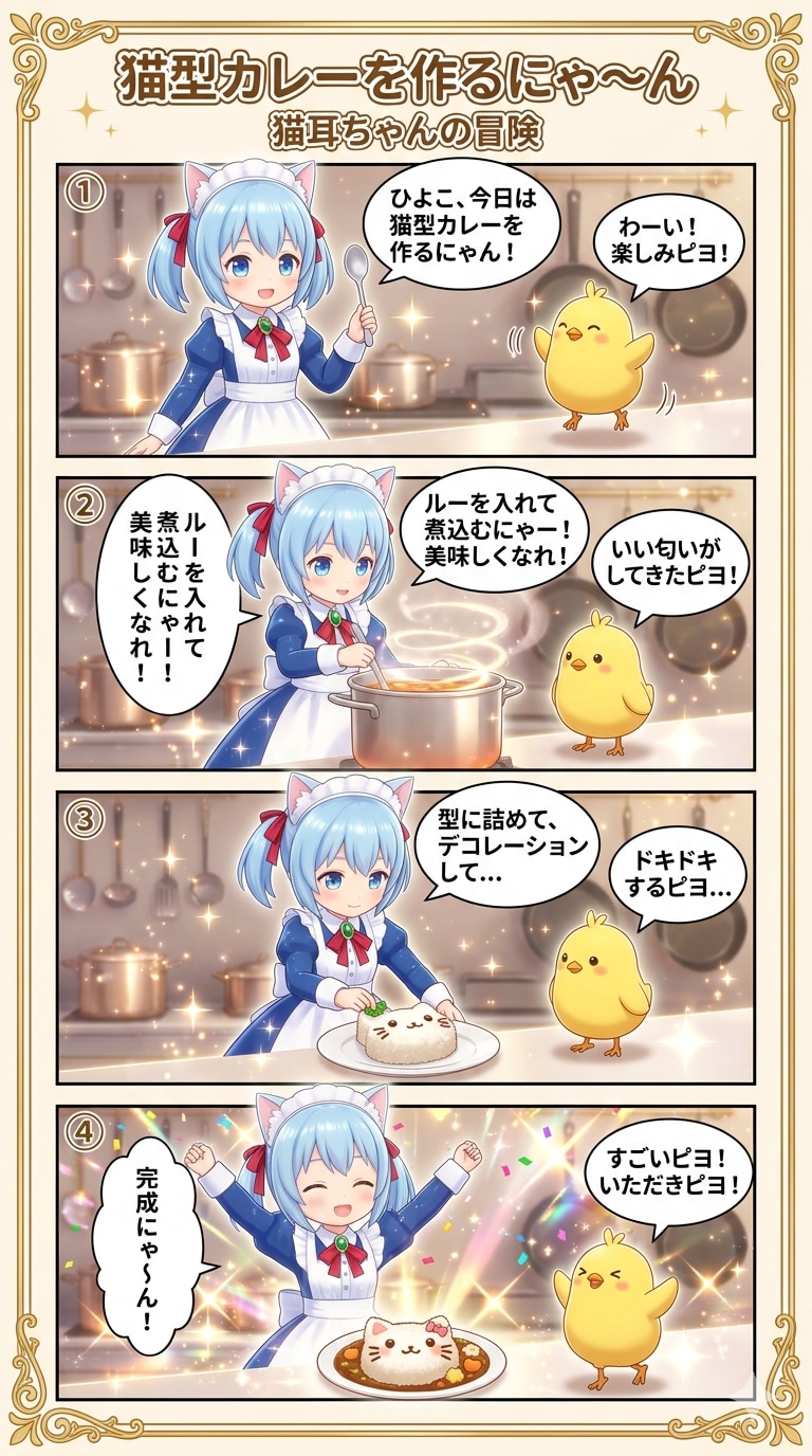 猫型カレーを作るにゃ〜ん　猫耳ちゃんの冒険 | の人気AIイラスト・グラビア