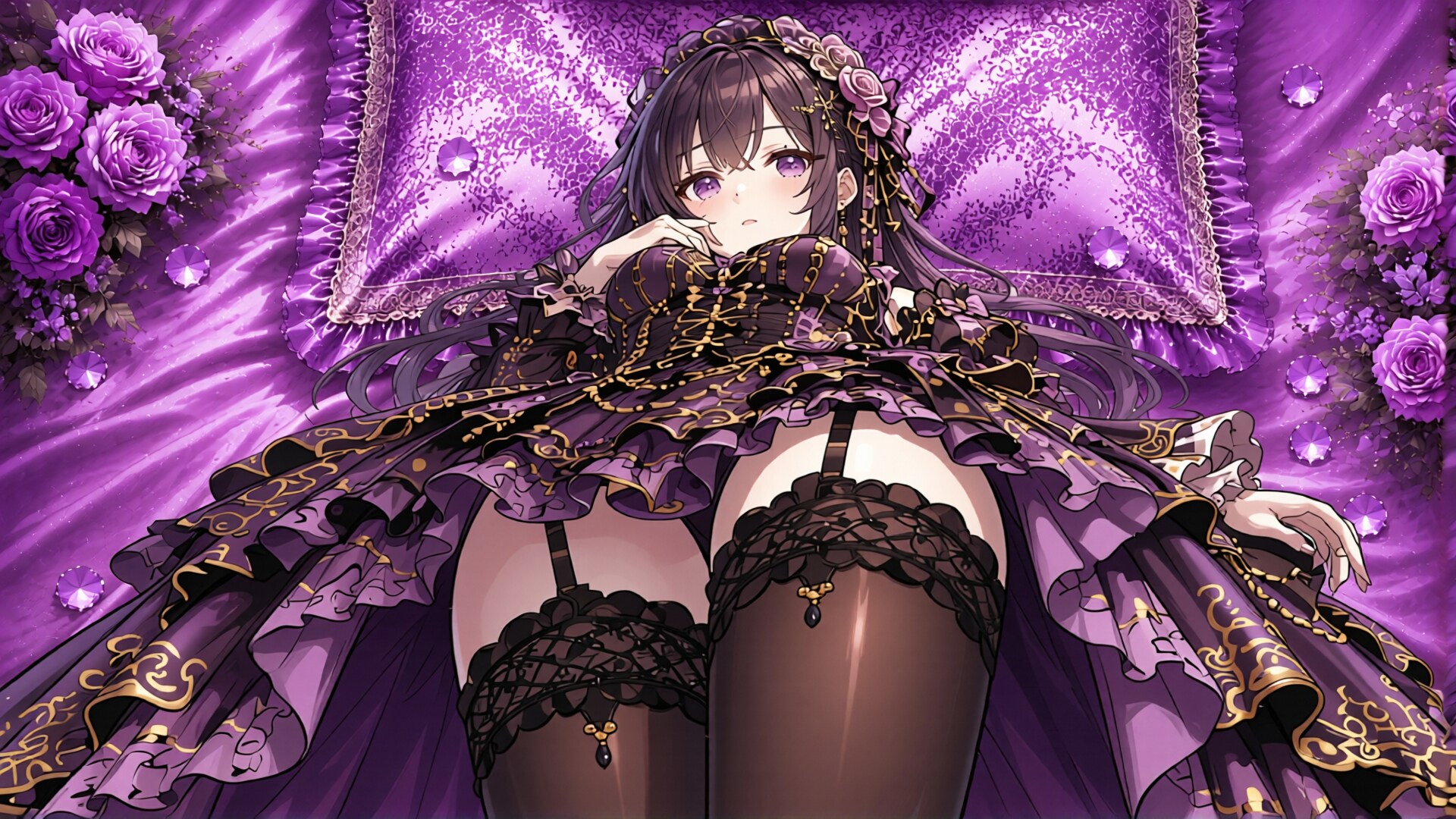 黒髪少女と紫ドレス