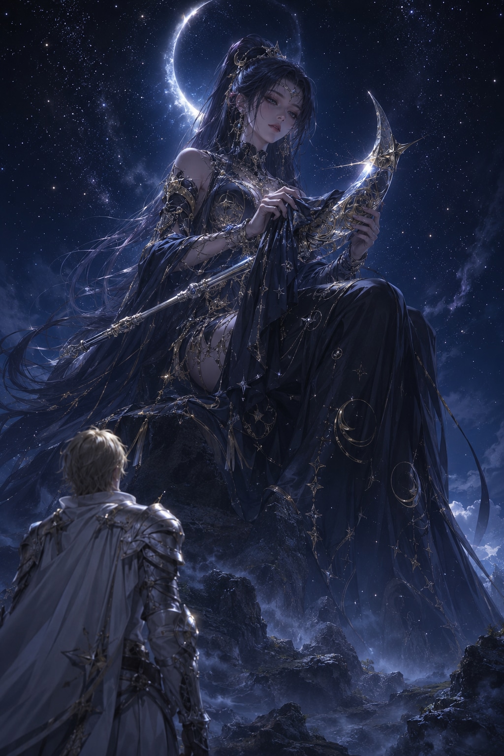 【月下の邂逅：星屑の瞳と銀の鎧―夜と闇の女神ノクティリア】