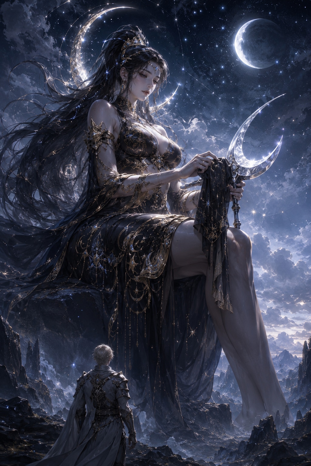 【月下の邂逅：星屑の瞳と銀の鎧―夜と闇の女神ノクティリア】