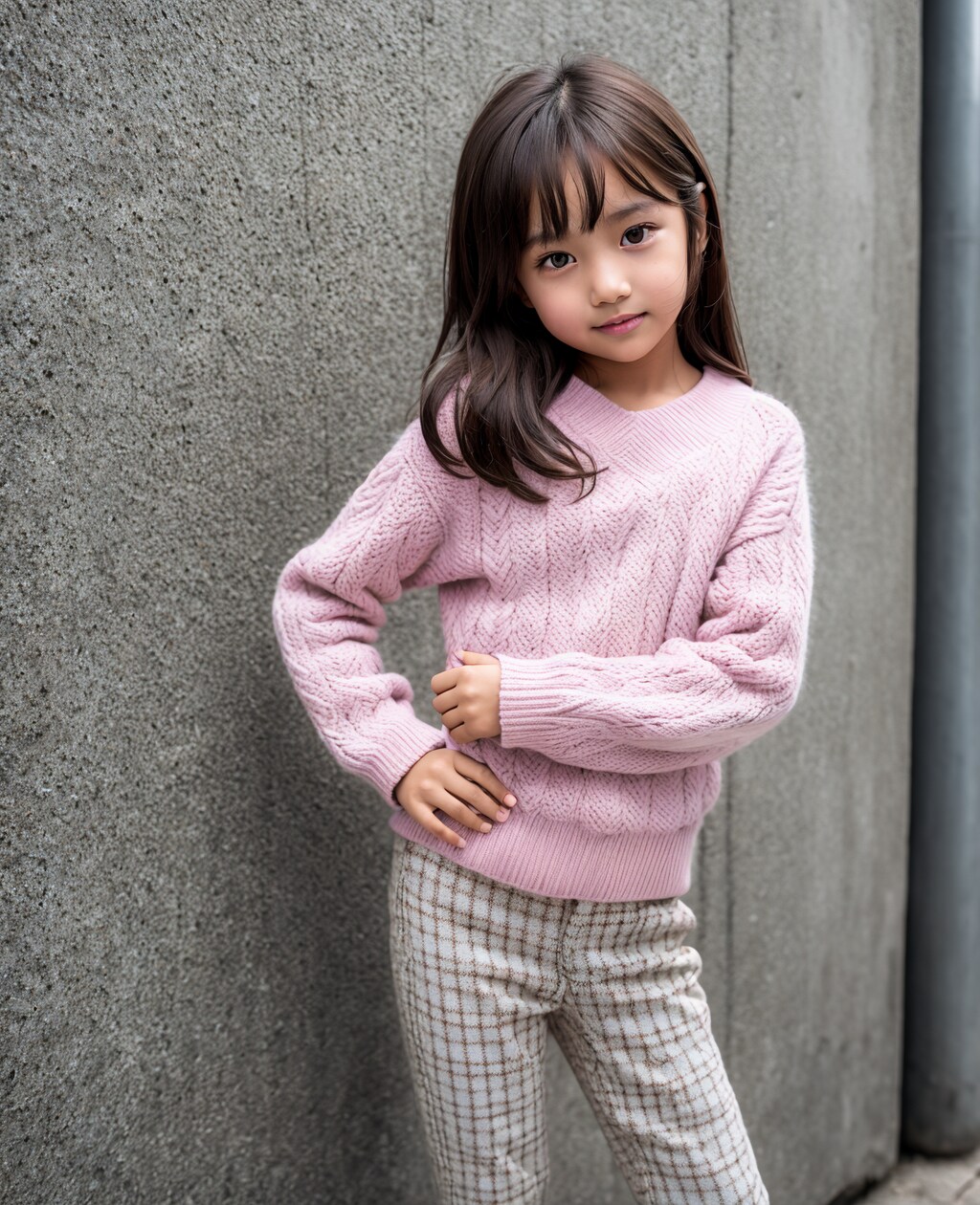 ピンクのセーターに合わせたコーデ　ロングヘアー