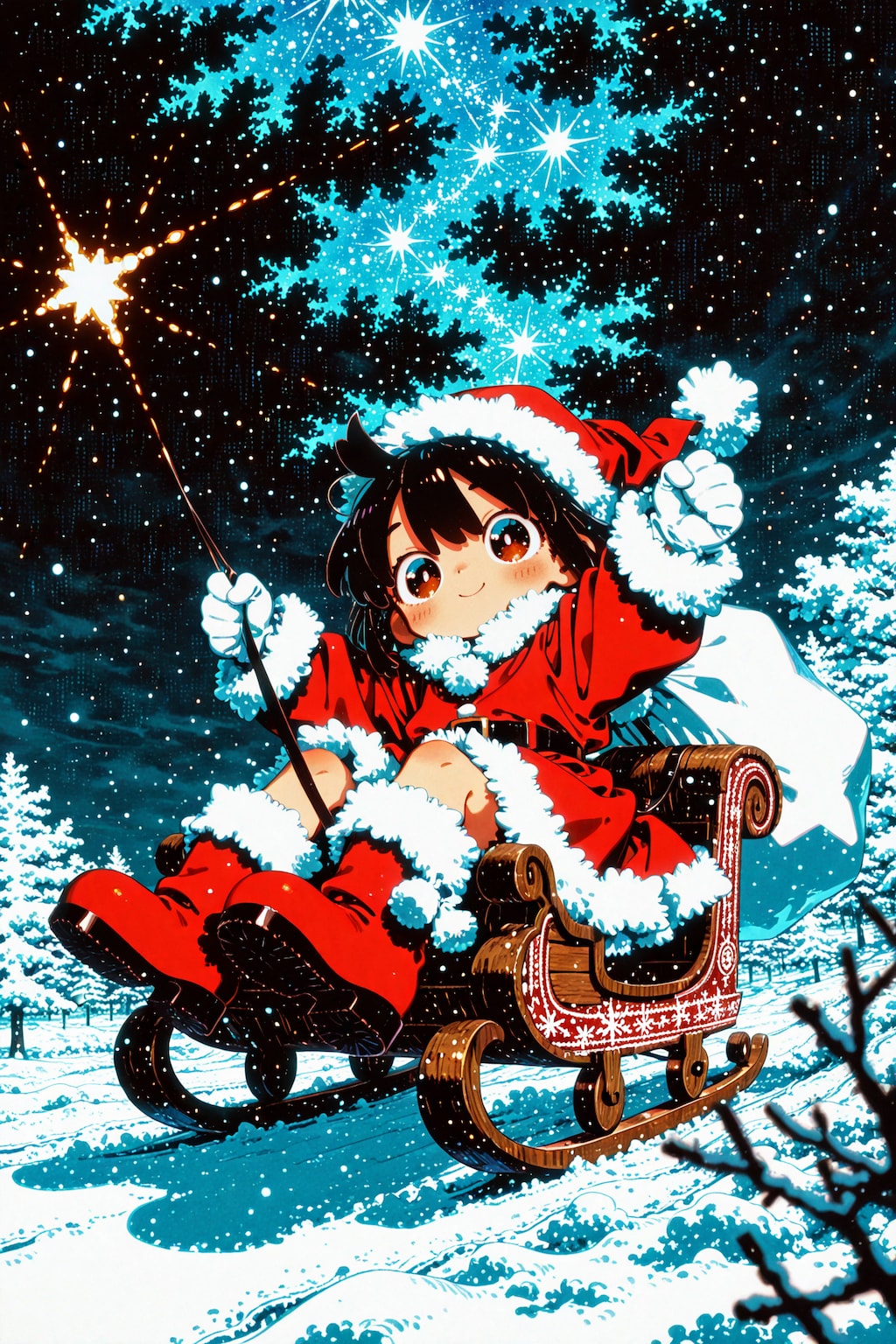 月夜を滑る、ちびサンタちゃん