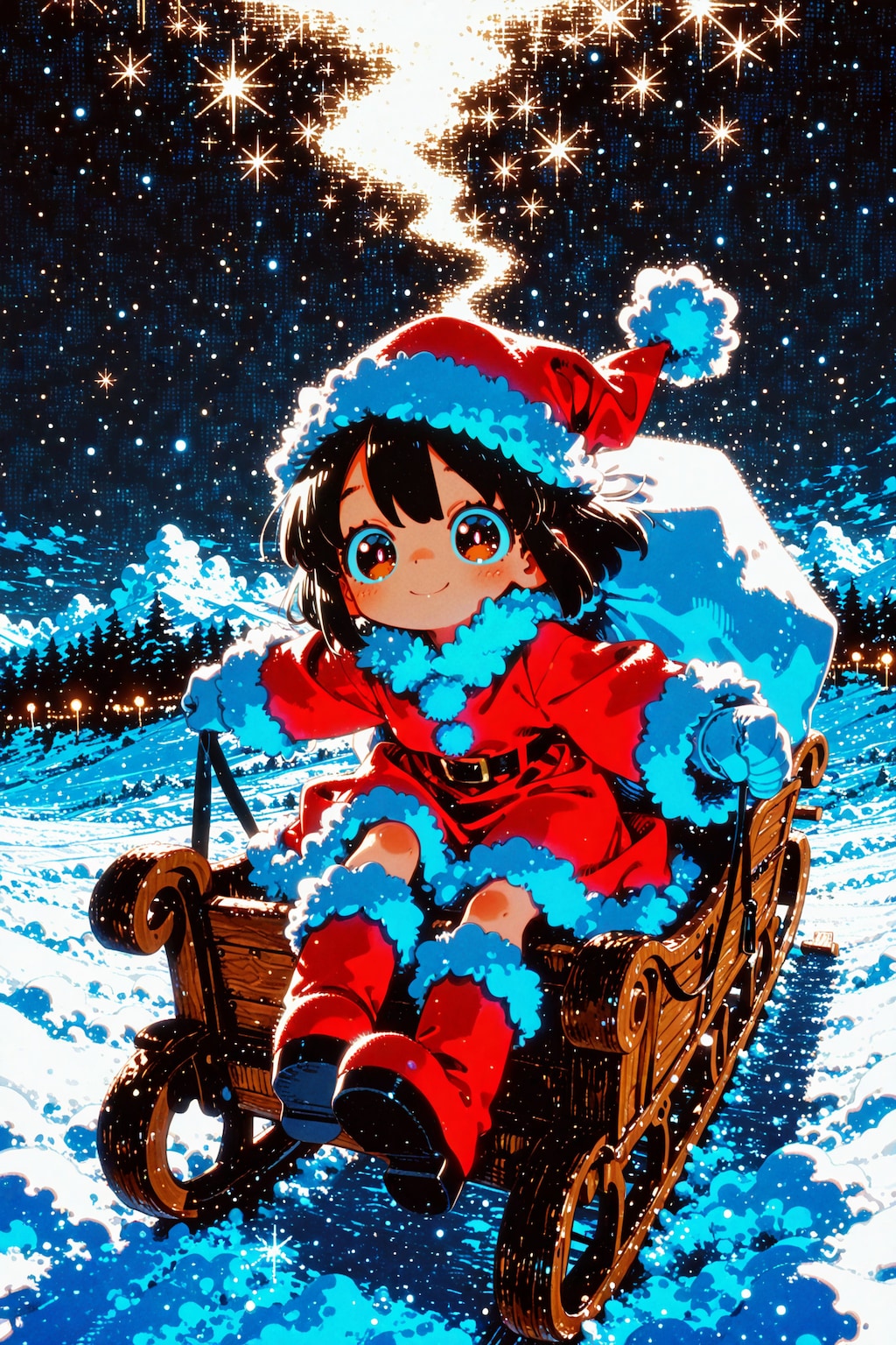 月夜を滑る、ちびサンタちゃん