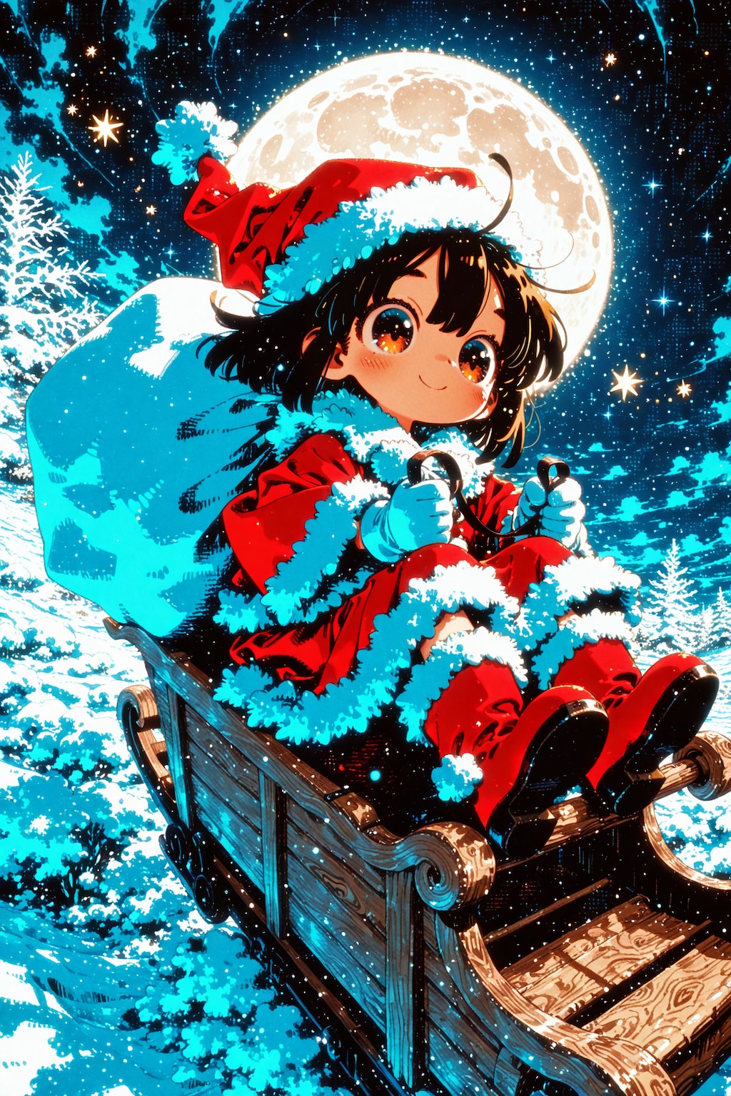 月夜を滑る、ちびサンタちゃん