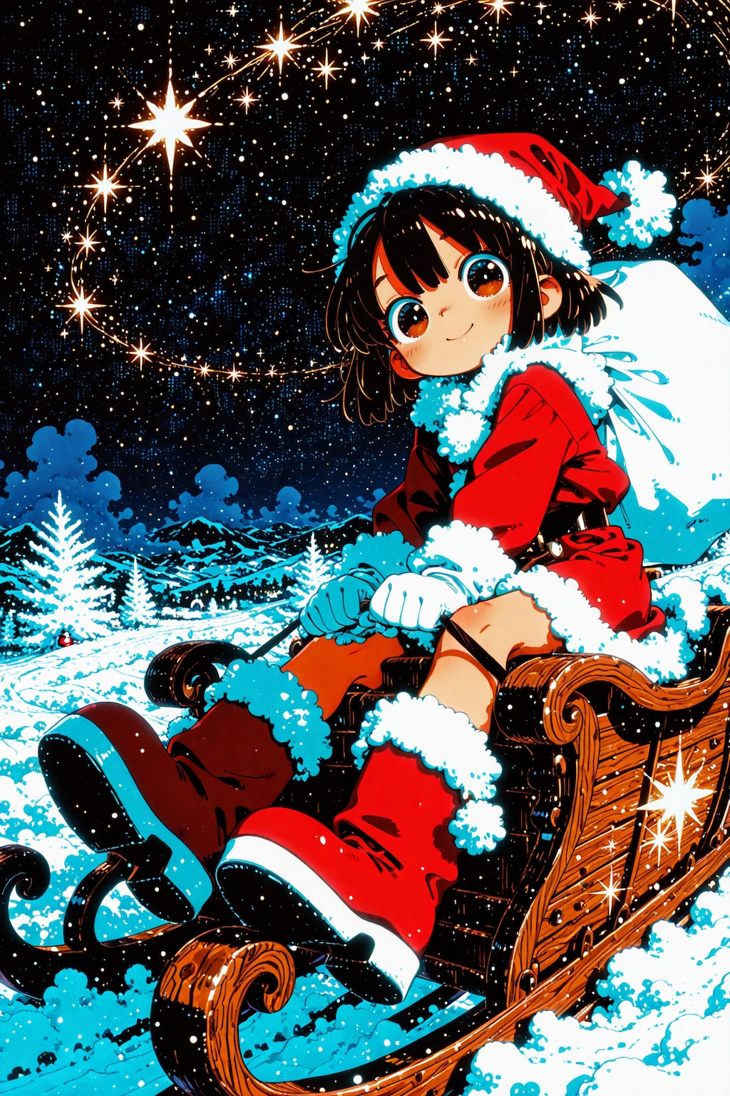 月夜を滑る、ちびサンタちゃん