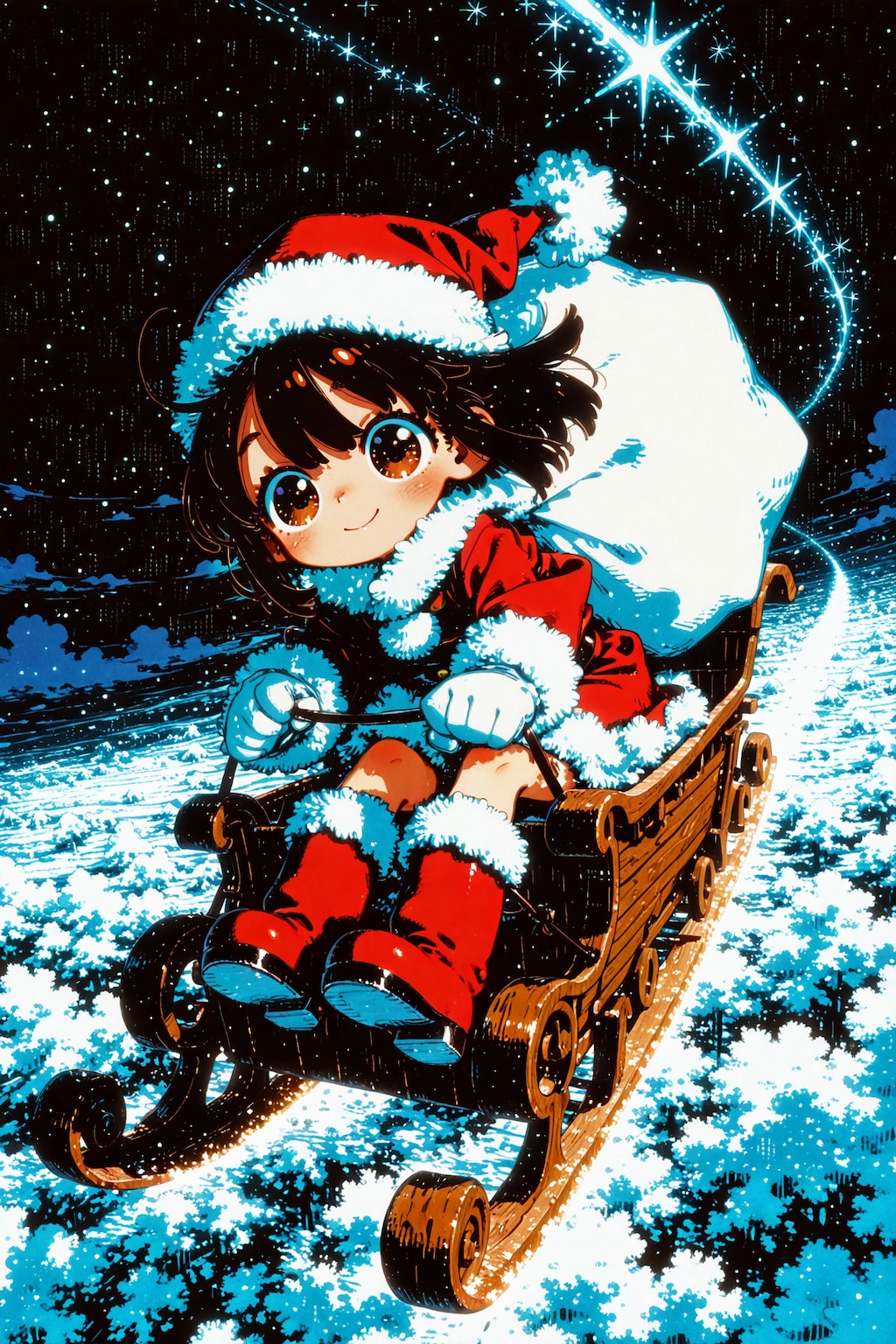 月夜を滑る、ちびサンタちゃん