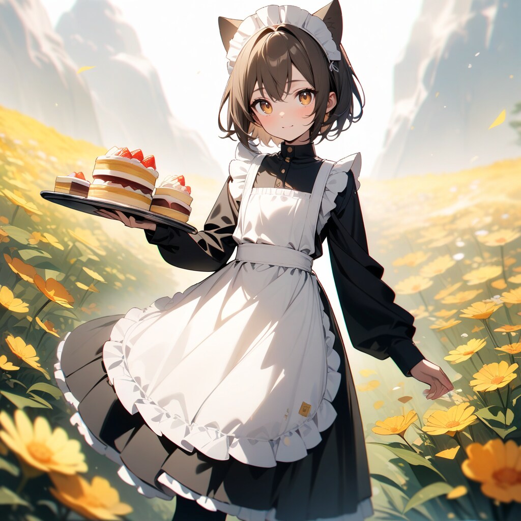 春の花畑で茶会の準備をする喫茶店で働く猫娘