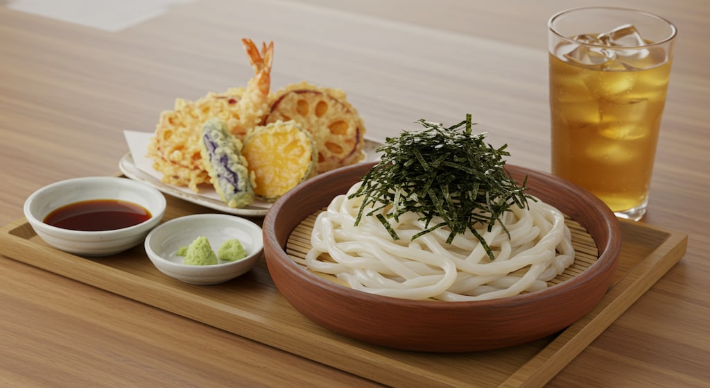 摩訶不思議食堂の冷やしうどんと天麩羅のセット