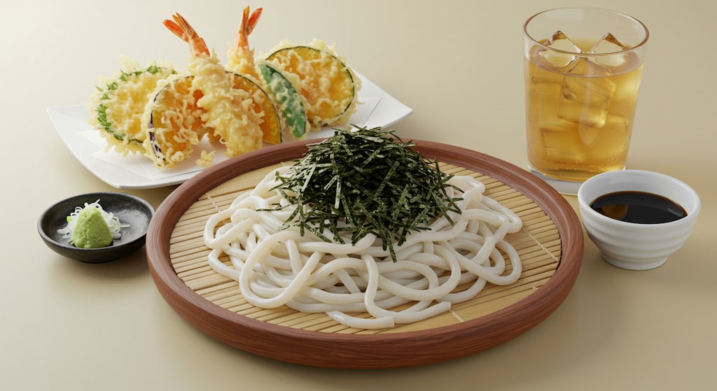 摩訶不思議食堂の冷やしうどんと天麩羅のセット
