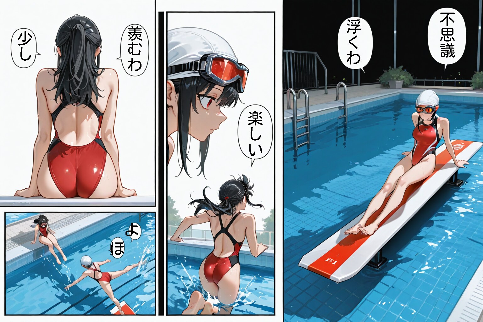不思議な臺と楽しむ競泳水着の少女