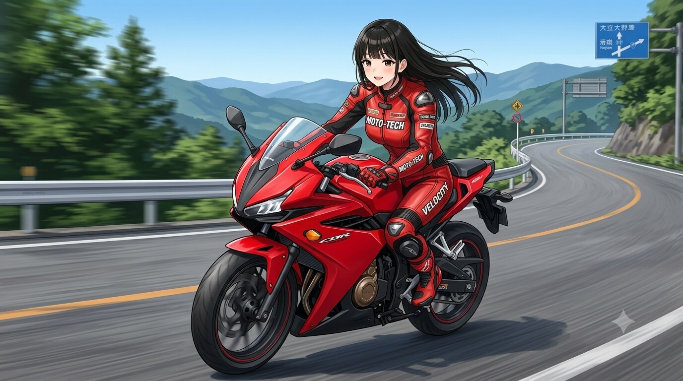バイクに乗るサキちゃん