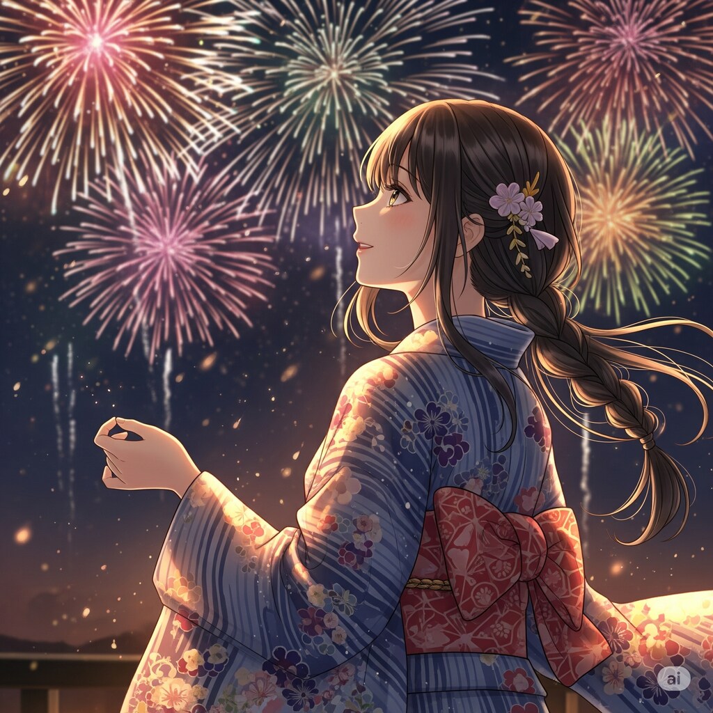 浴衣の女学生と花火